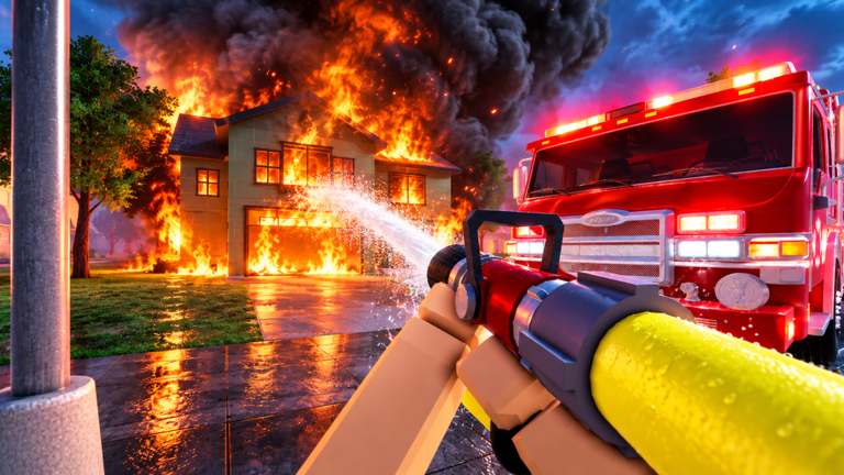 Official Firefighting Sim artwork showing a red engine beside an orange house fire, with a hose running toward the scene